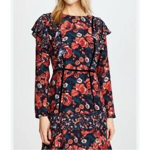 Ella Moon Mini Dress Womens Small Navy Floral Ruffled Velvet Poppy Romantic